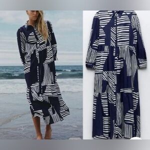 ZARA NEW WOMAN SS23 BLUE PRINT SHIRT DRESS NWT XL